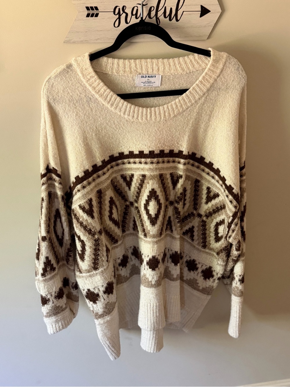Old Navy Cream and Brown Aztec-Pattern Scoop Neck Sweater